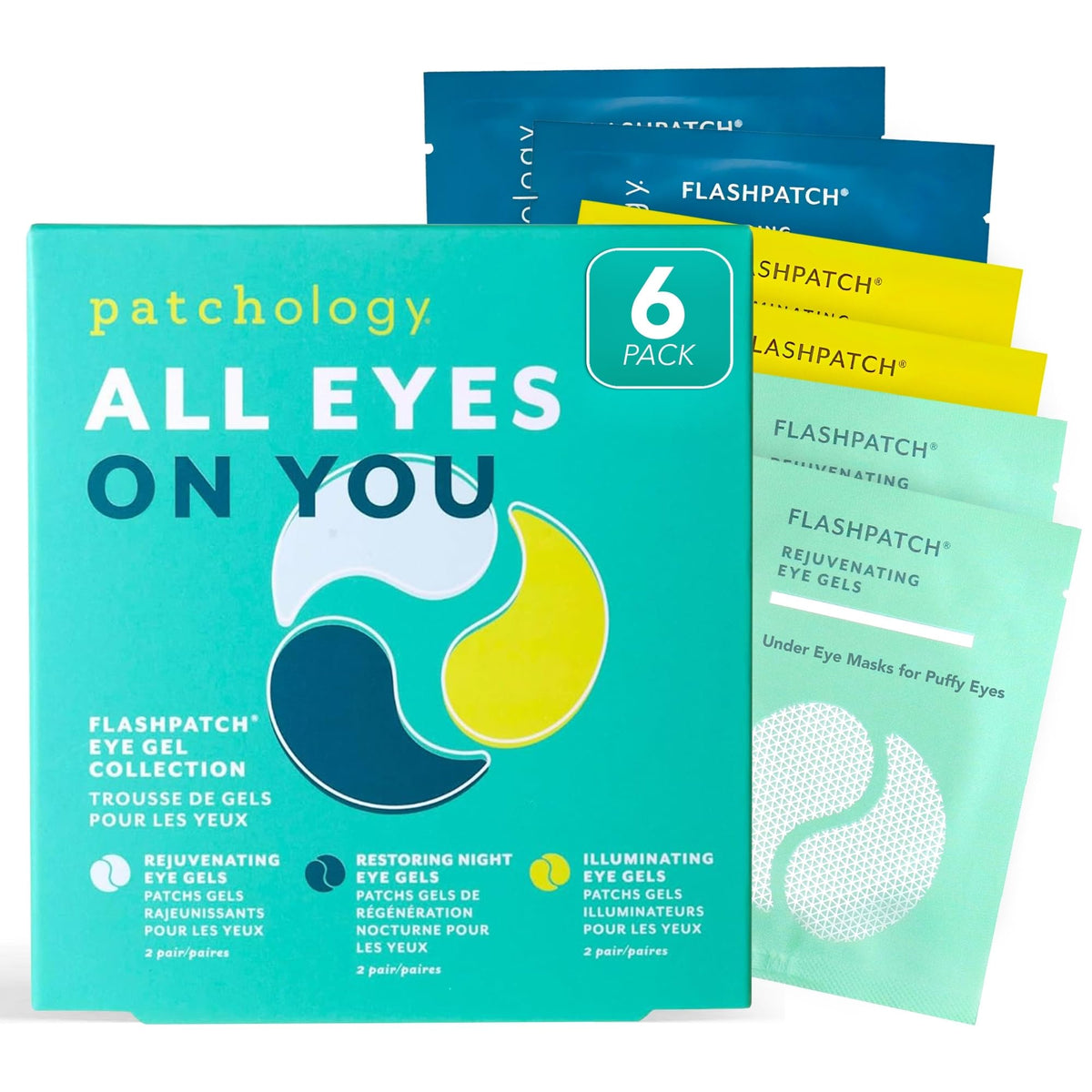 Patchology All Eyes On You eye mask pack close-up promoting travel-ready under-eye rejuvenation.