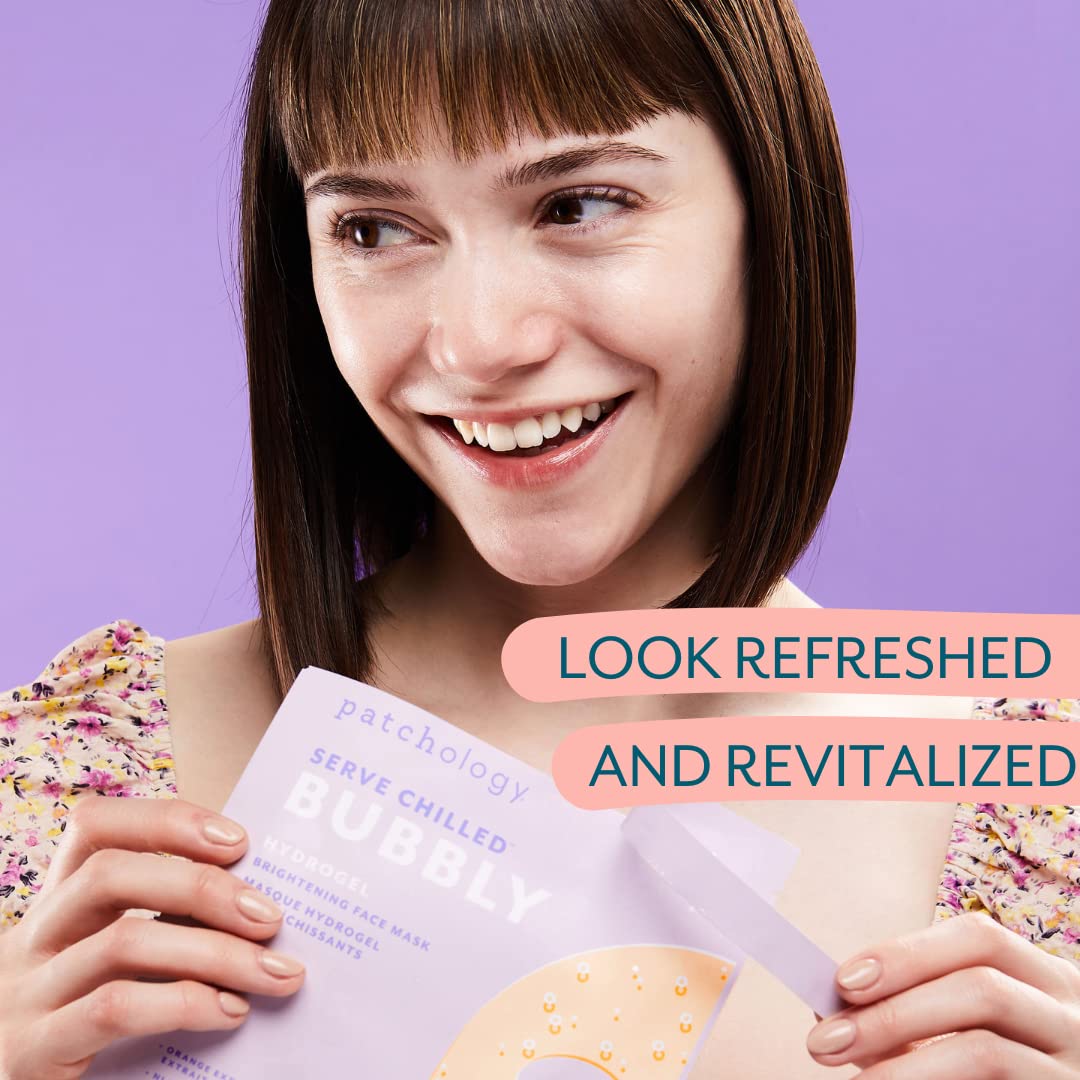 Patchology mask ingredients close-up with niacinamide and orange extract for brightening.