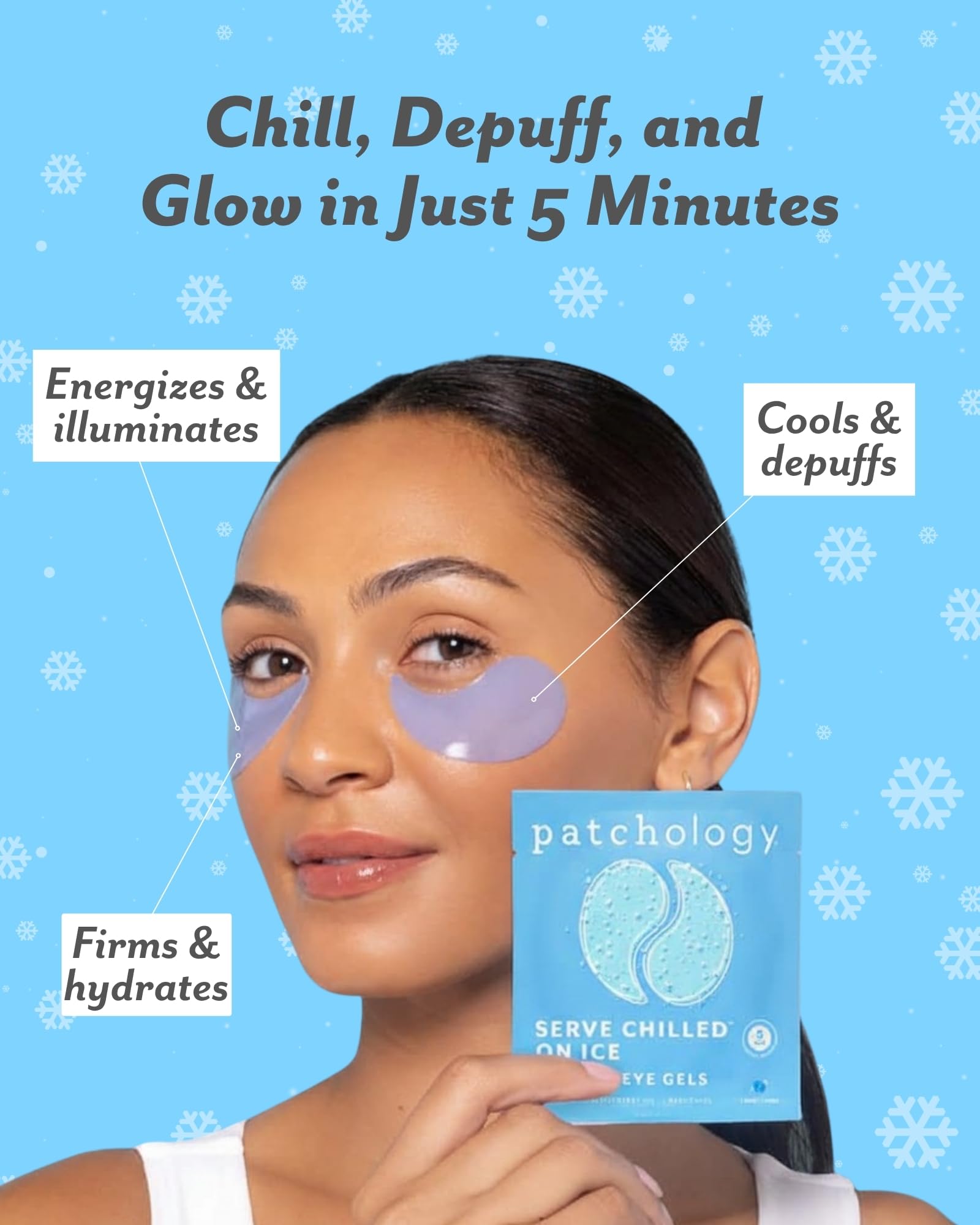 Patchology iced cooling under-eye patches being applied for quick puffiness reduction and brightness.