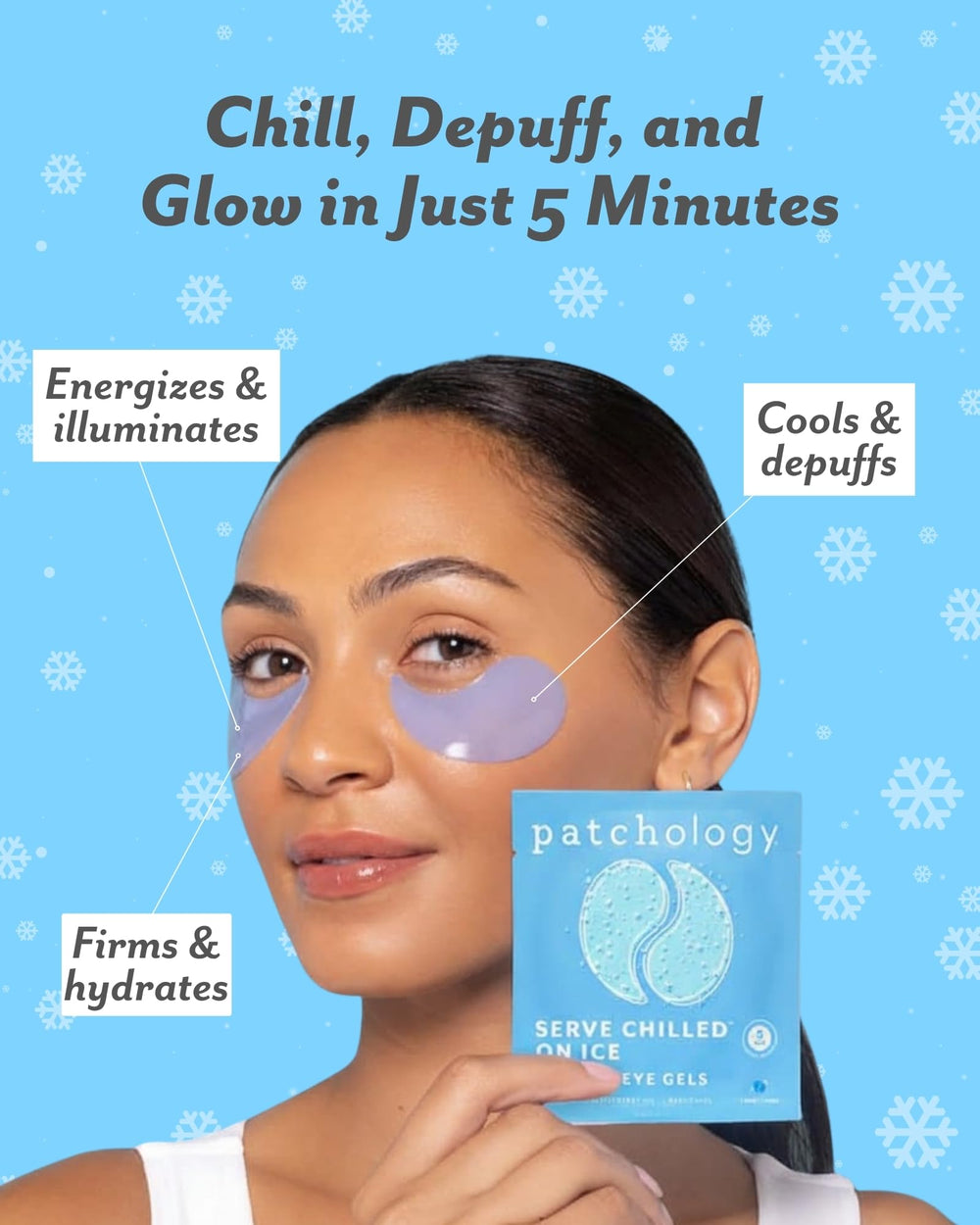 Patchology iced cooling under-eye patches being applied for quick puffiness reduction and brightness.