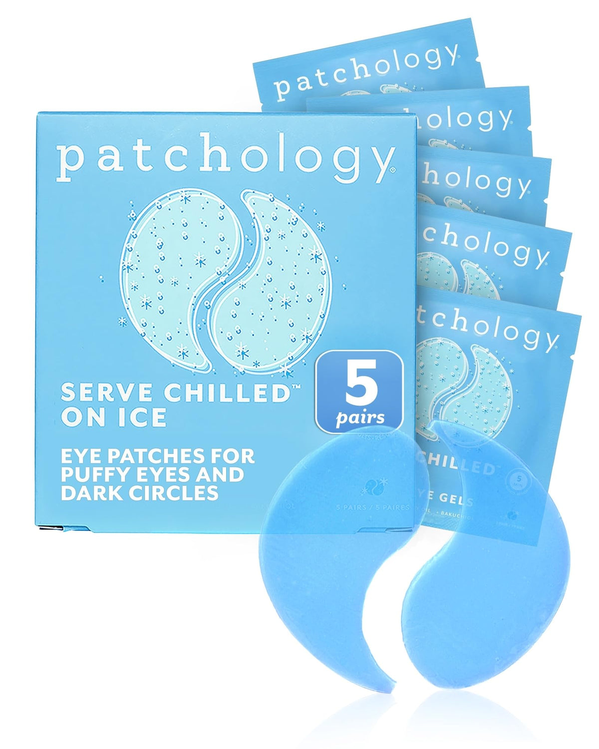 Patchology iced cooling under-eye patches in package offering refreshing relief for tired eyes.
