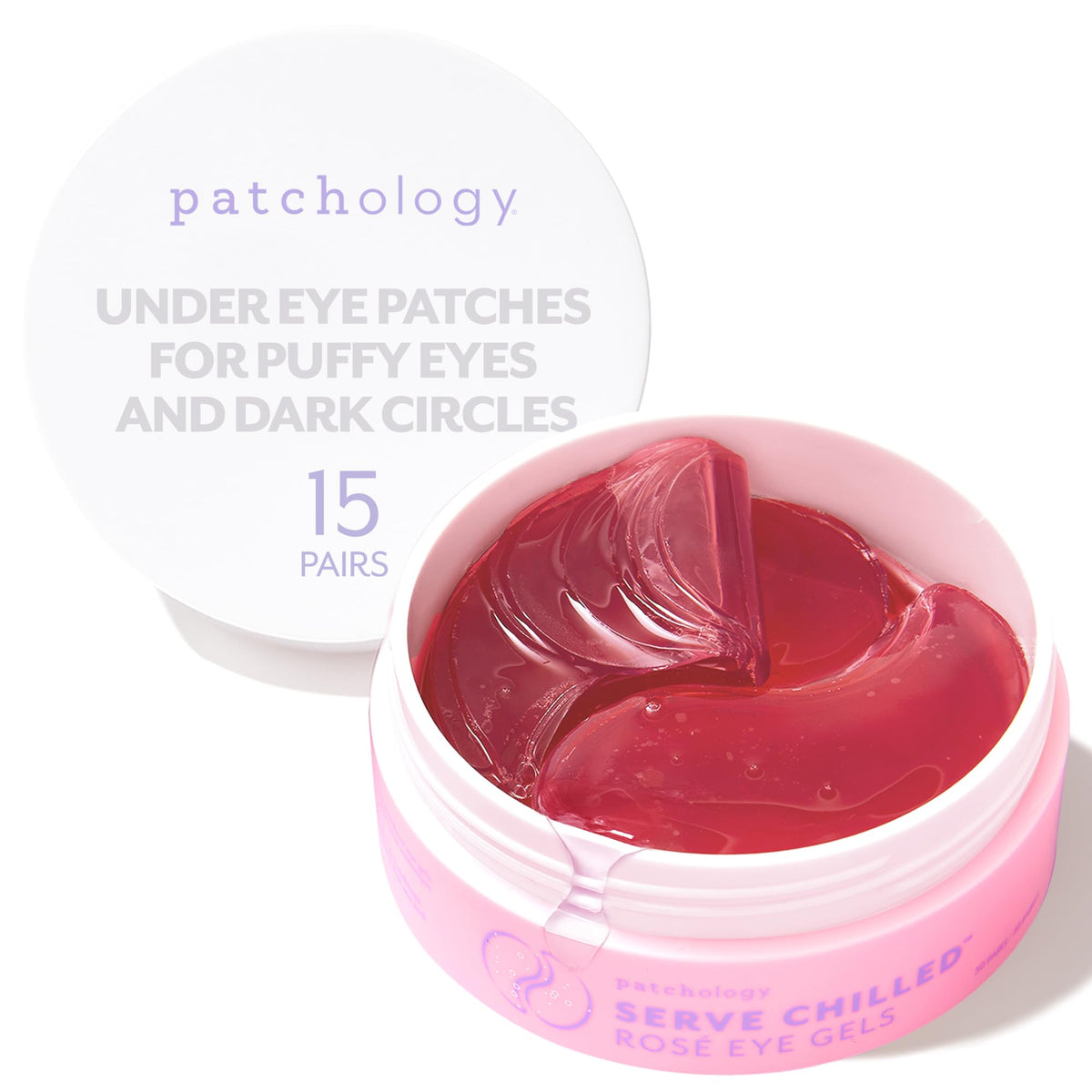 Patchology Serve Chilled Rosé Eye Gels jar front, hydrating patches for puffiness relief.