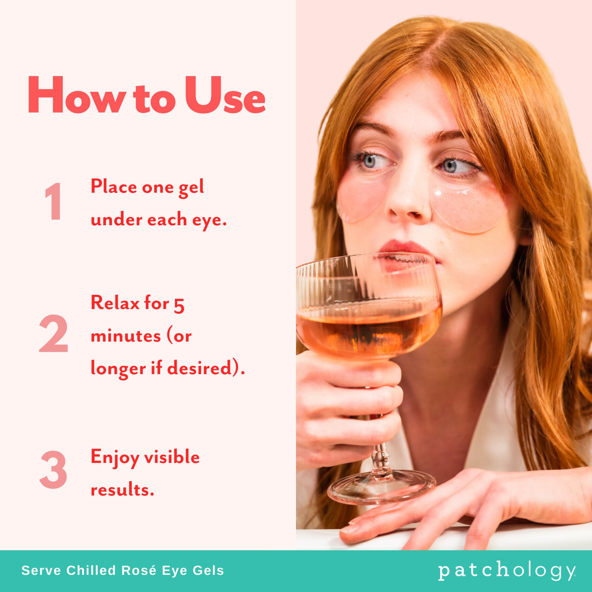 Patchology Serve Chilled Rosé Eye Gels strawberry scent closeup, refreshing spa-like experience.