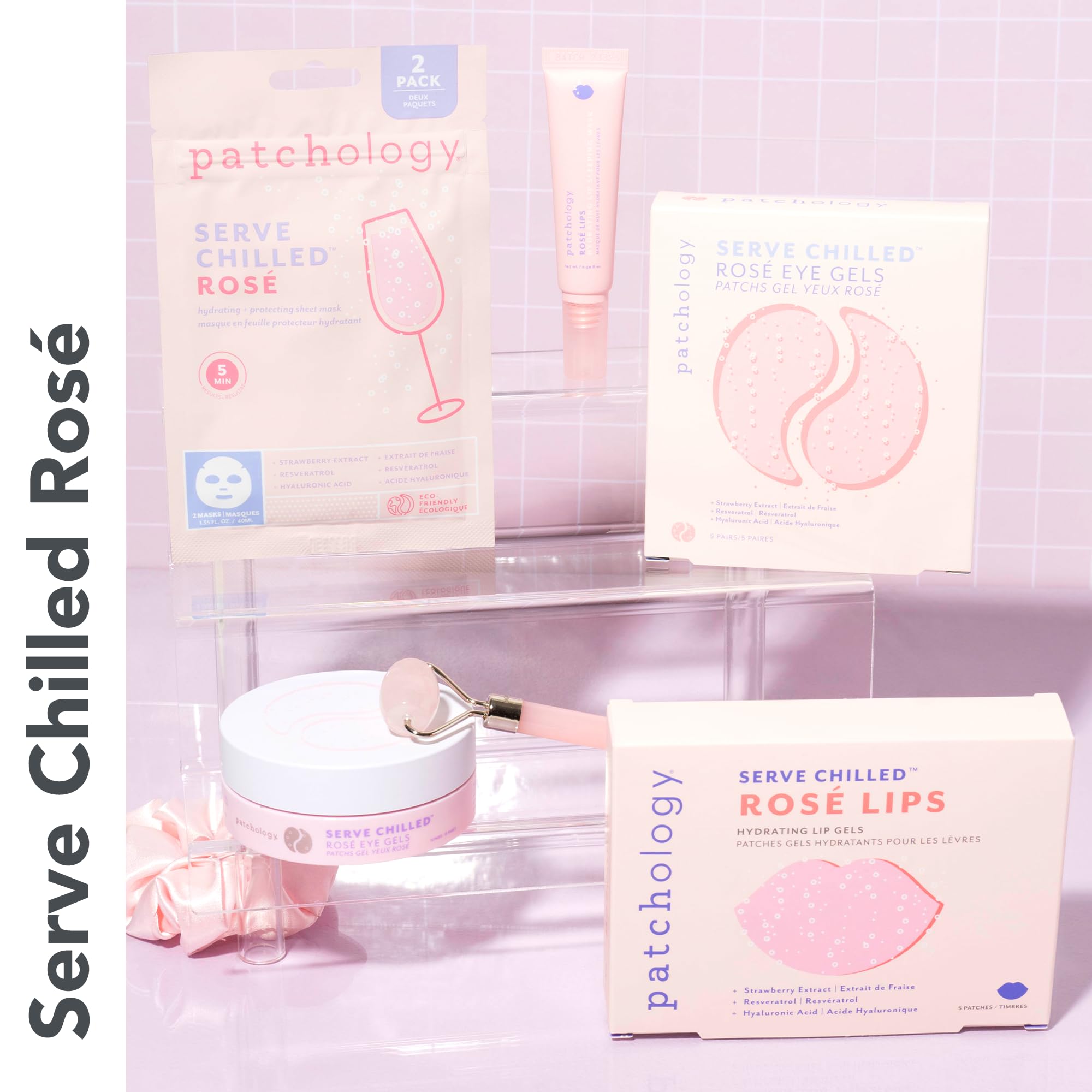 Patchology Serve Chilled Rosé Lip Mask five-pack demonstrates convenient travel hydration.