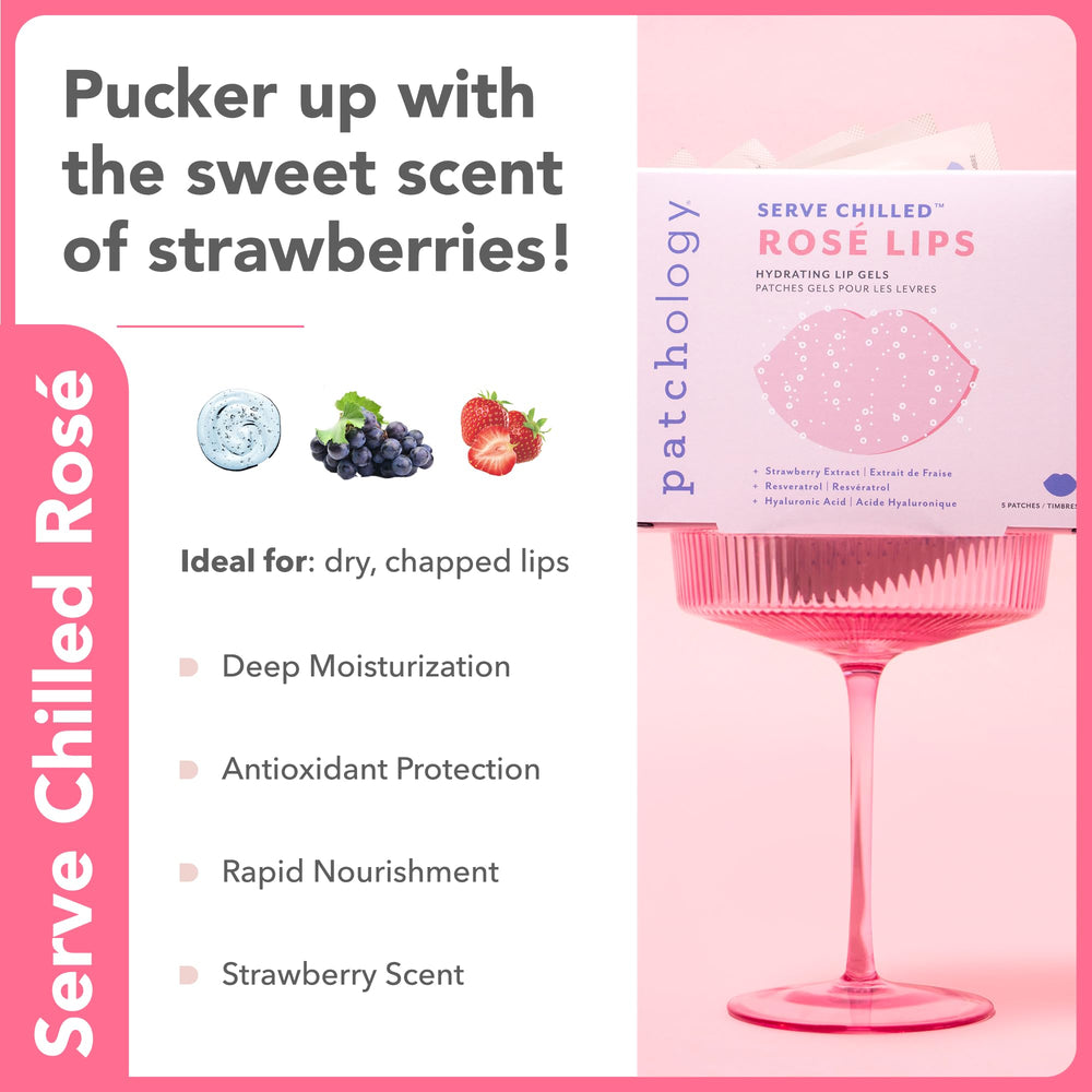 Patchology Serve Chilled Rosé Lip Mask hyaluronic acid detail highlights moisture benefits.