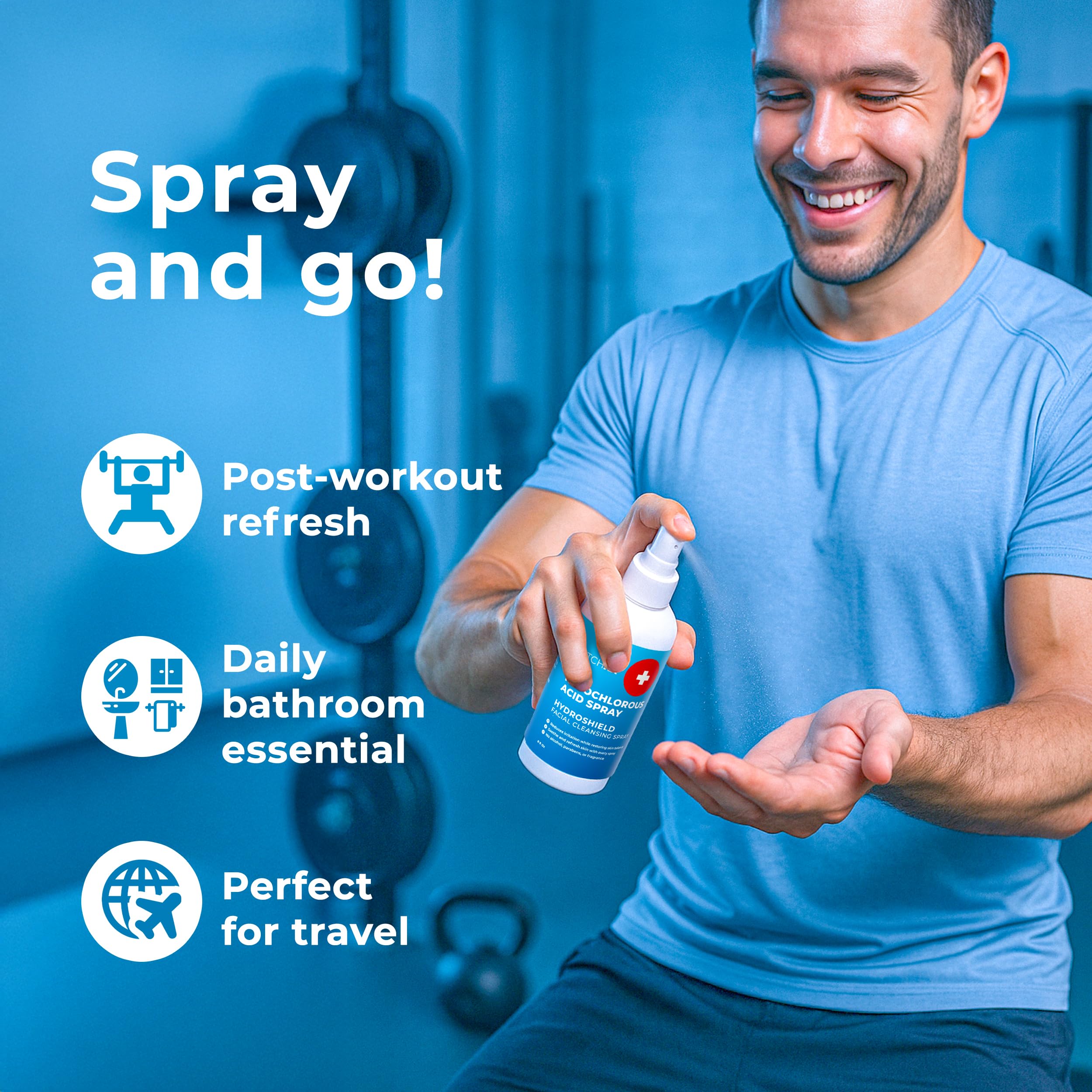 PatchRx Hypochlorous Acid Spray packaging shows dermatologist-tested formula.