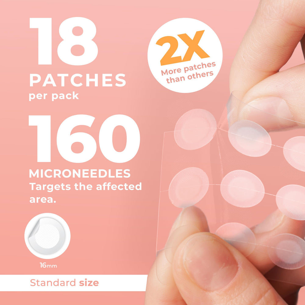 PatchRx micro-needle patch closeup shows dots for targeted acne care.