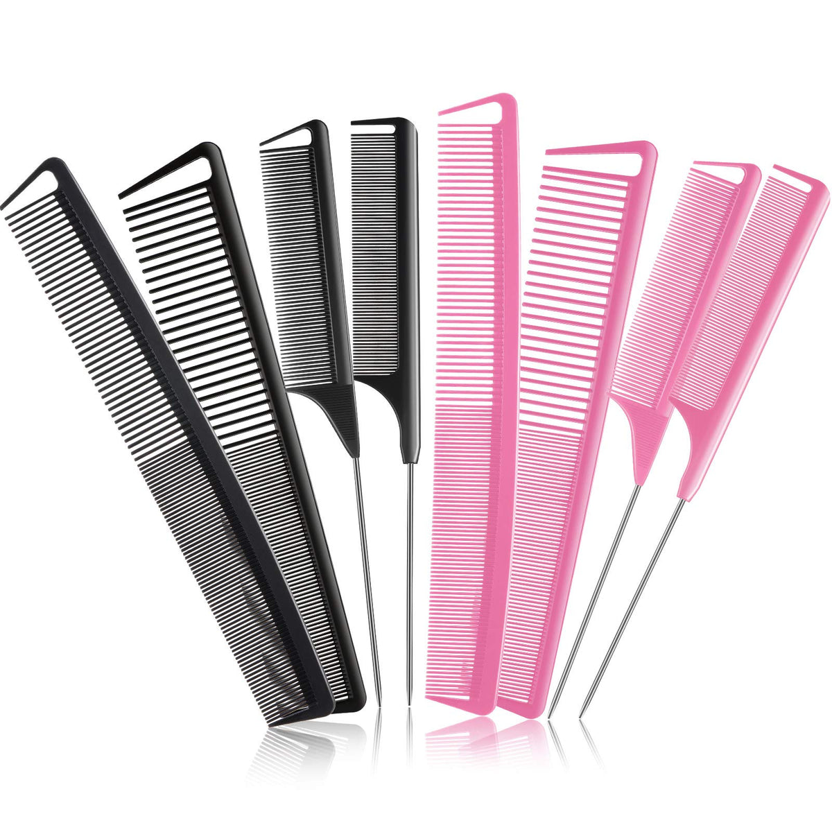 Patelai 8-piece rat tail combs set in black and pink for versatile styling on the go.