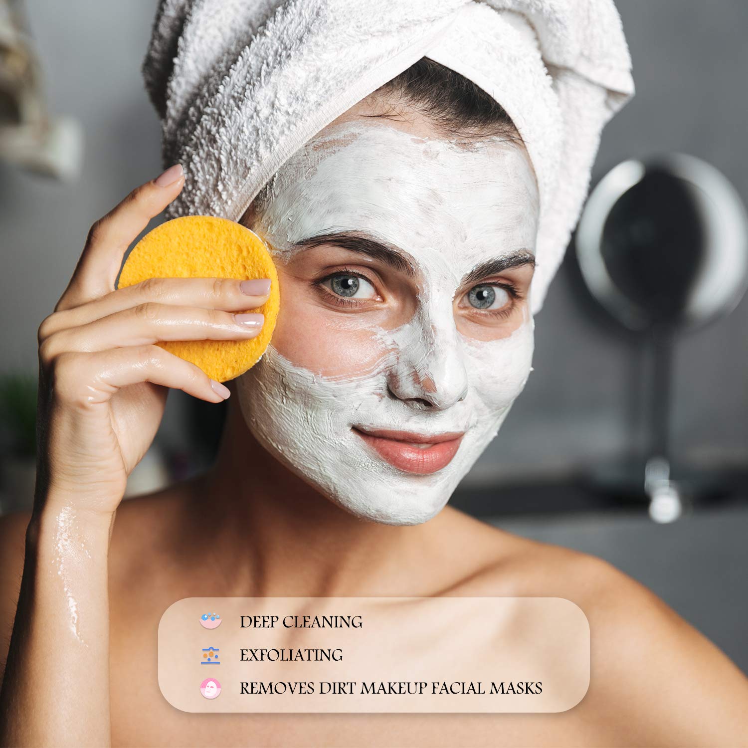 Patelai compressed facial sponges in use illustrating gentle makeup removal and cleansing.