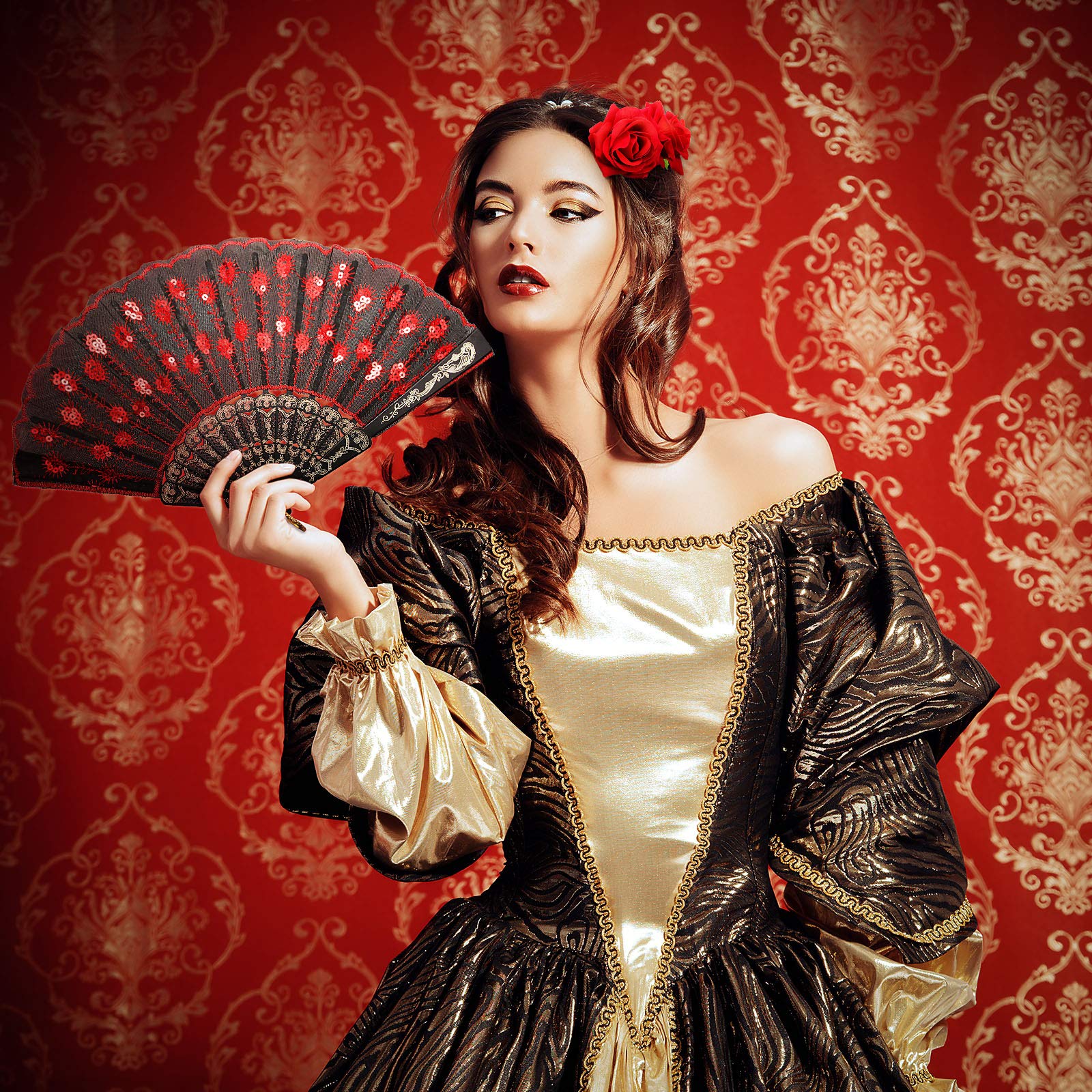 Patelai two-piece set—combine hair clips and fan for cohesive stage looks.
