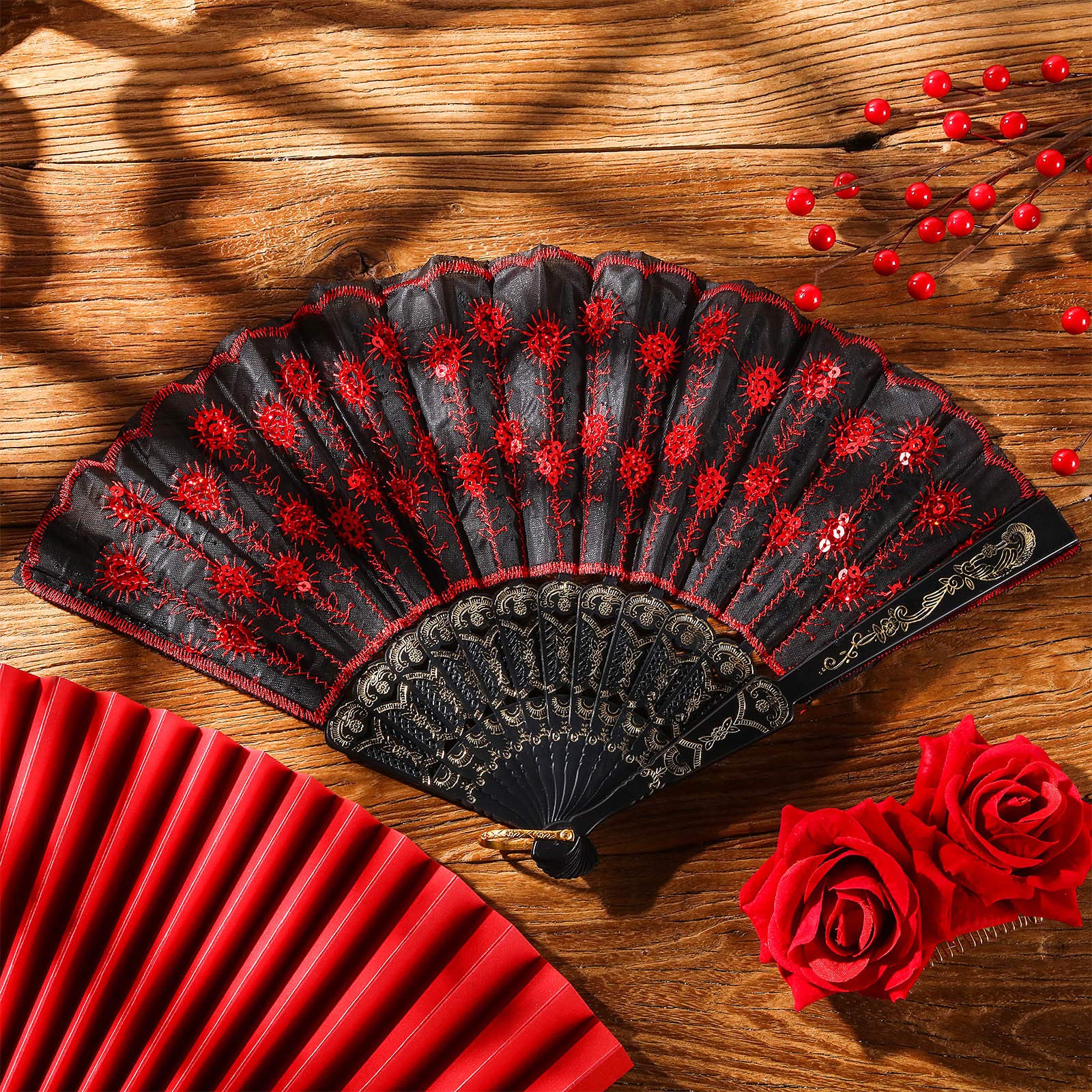 Patelai embroidered sequins fabric fan—peacock pattern, elegant accent for events and photos.