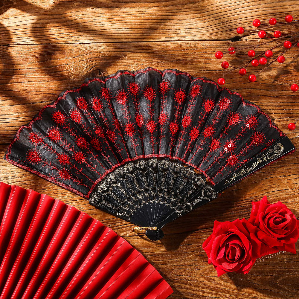 Patelai embroidered sequins fabric fan—peacock pattern, elegant accent for events and photos.