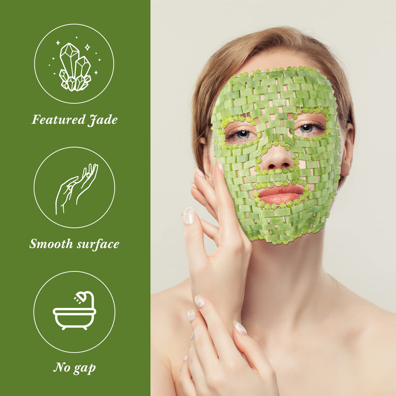 Patelai Jade Mask cooling on cheek demonstrates relaxing spa-like sensation.
