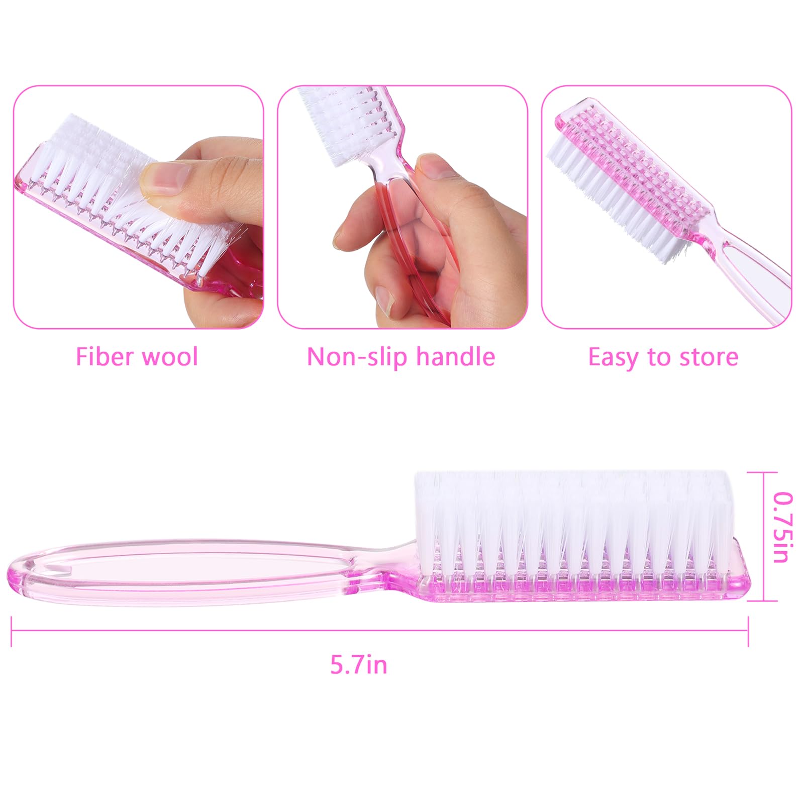 Patelai nail brush long plastic handle offers a firm grip at the sink.
