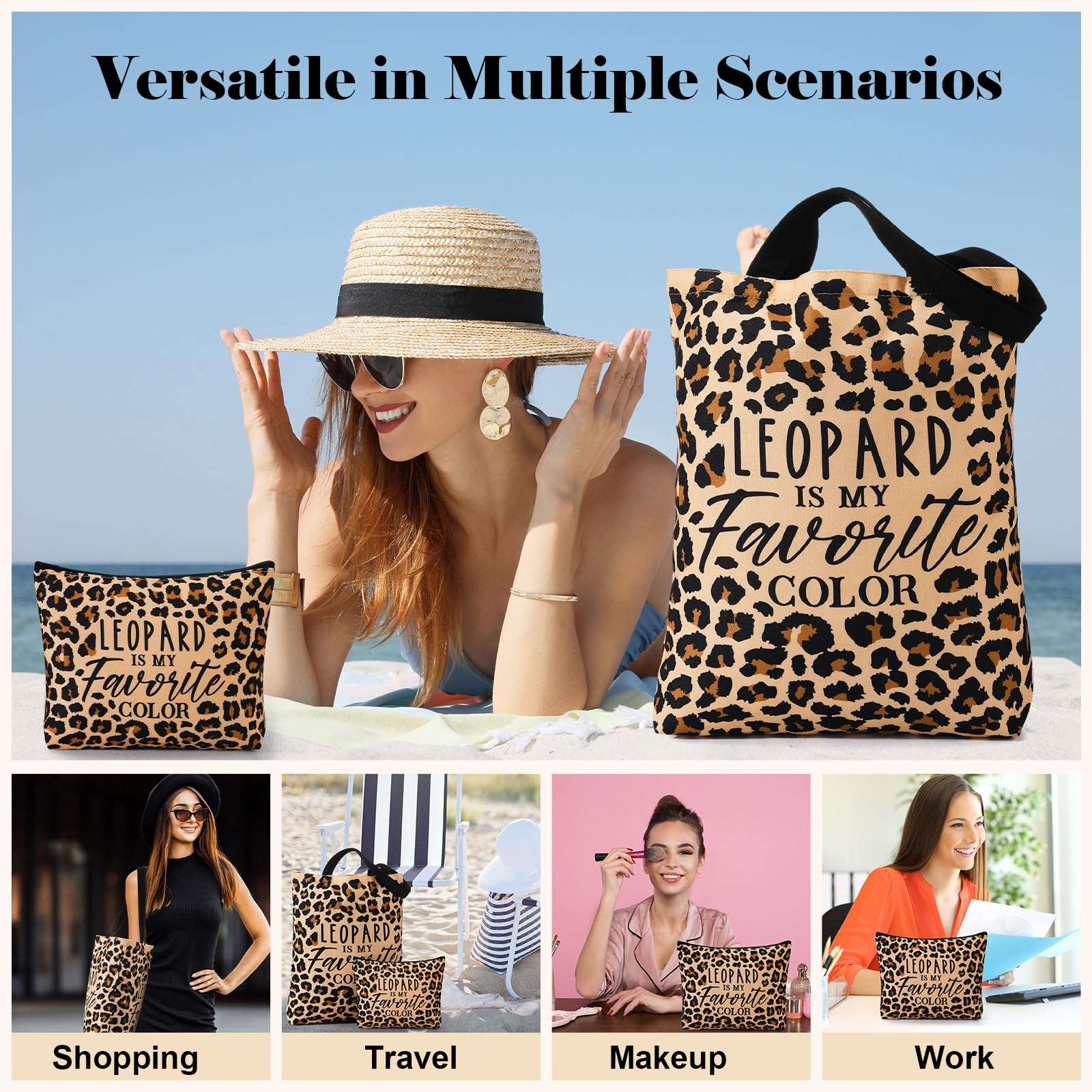 Paterr leopard tote bag side view shows spacious silhouette for groceries