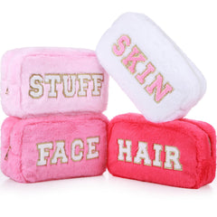 Paterr pink face label bag shows fluffy chenille texture for cosmetics access
