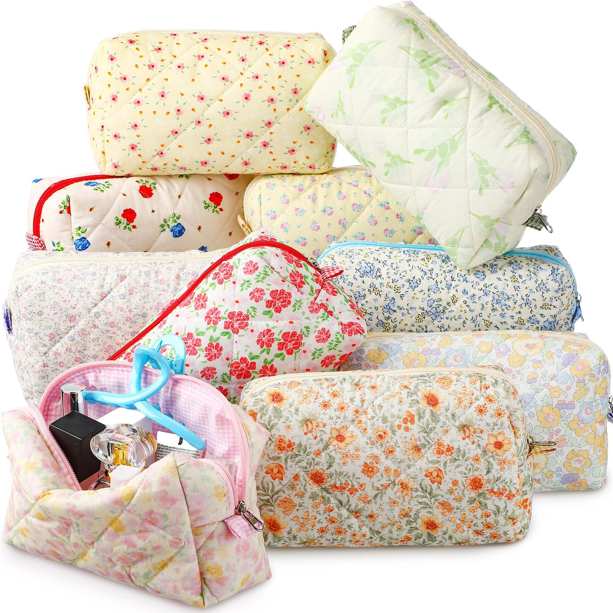 Paterr quilted makeup bag front floral design for stylish cosmetics storage