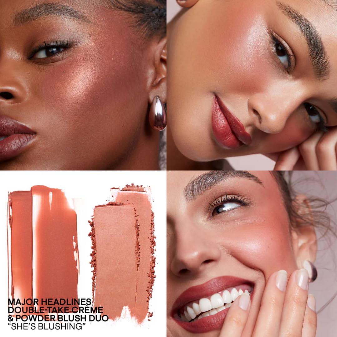 Patrick Ta Major Headlines powder blush on cheek showing bronzed nude finish for dimensional color