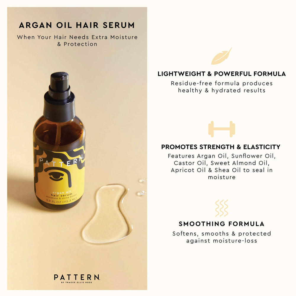 PATTERN Argan Oil Hair Serum drops on hand for even distribution.
