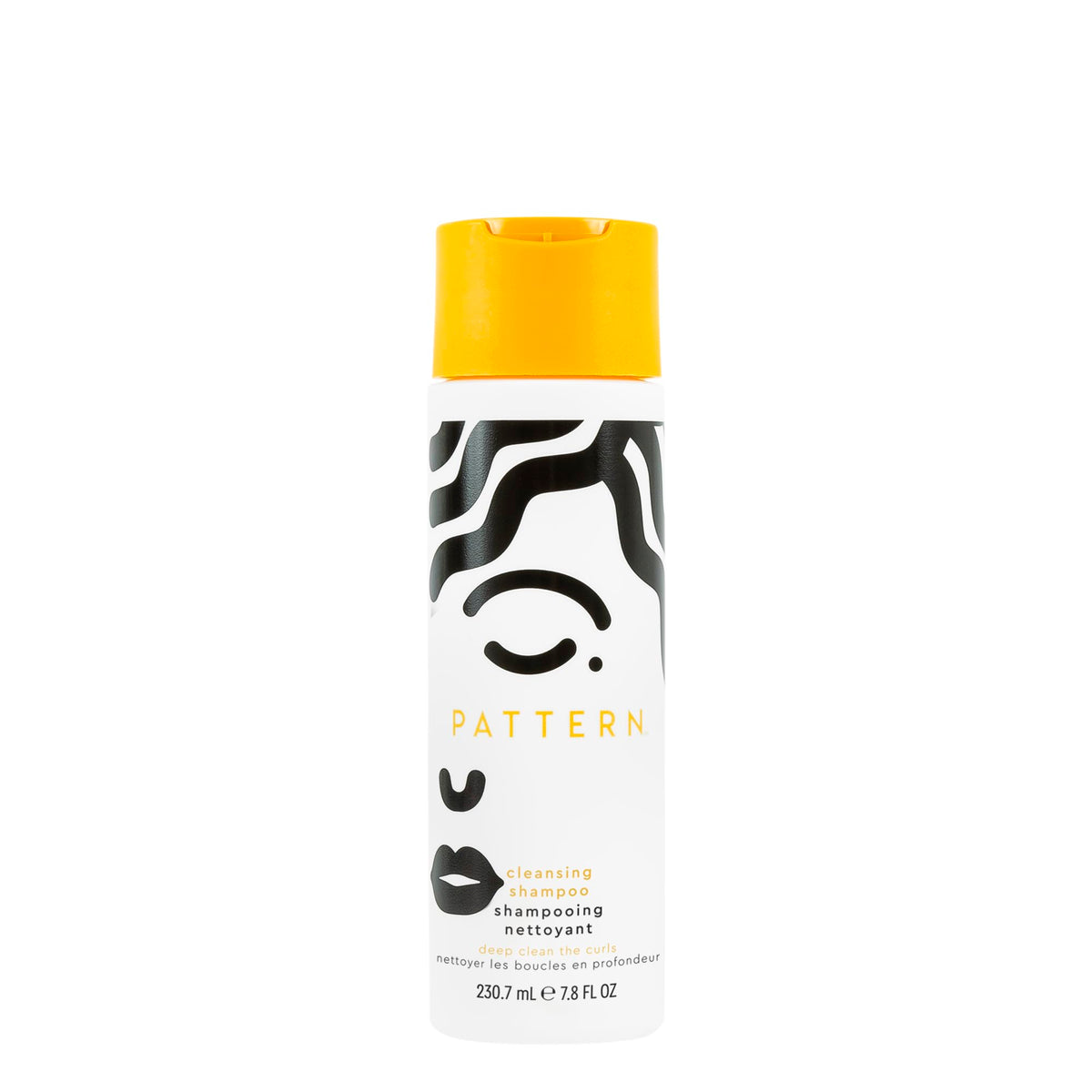PATTERN Beauty cleansing shampoo bottle label promotes clarifying cleanse for curly hair