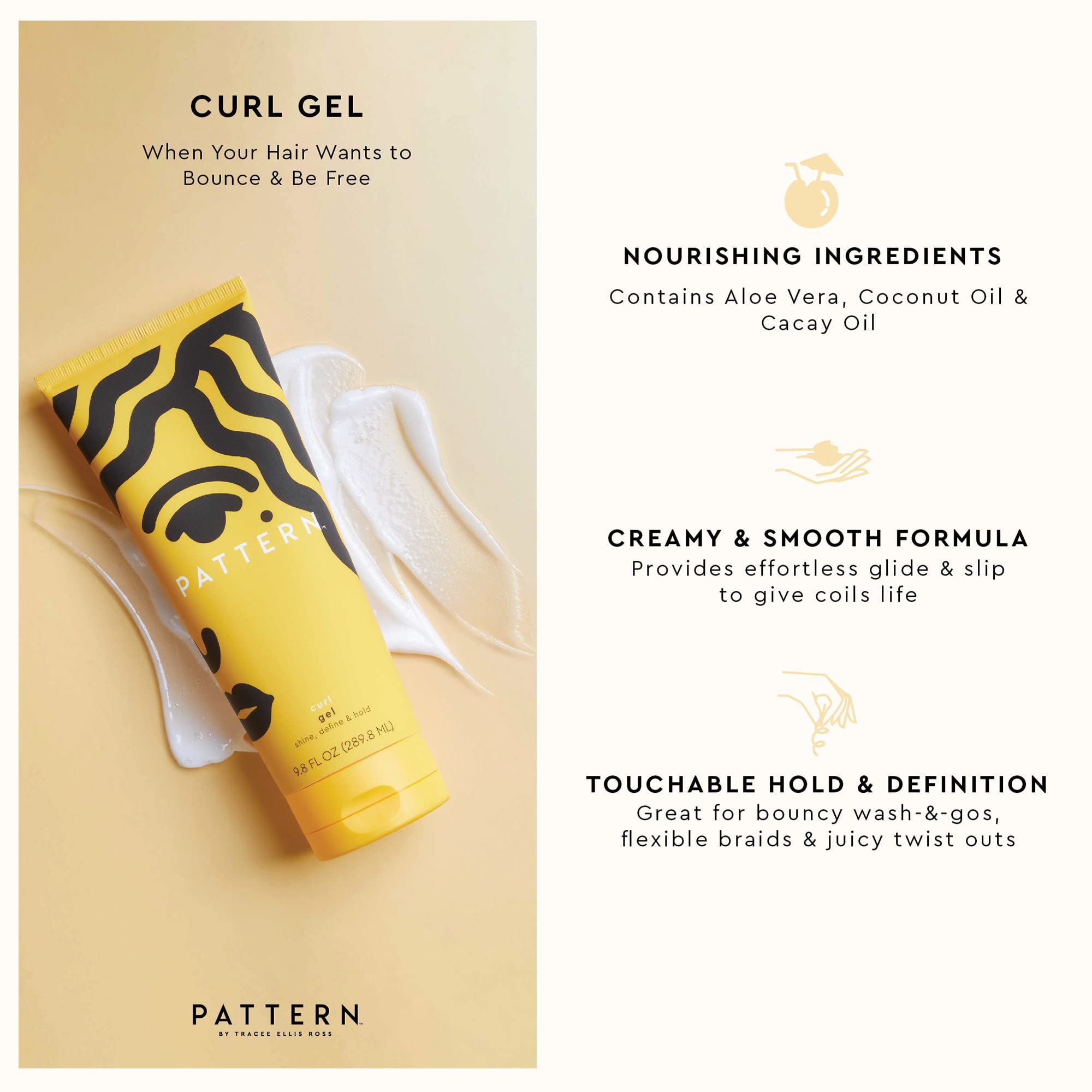 PATTERN Beauty curl gel in use during wash-and-go application for medium hold.