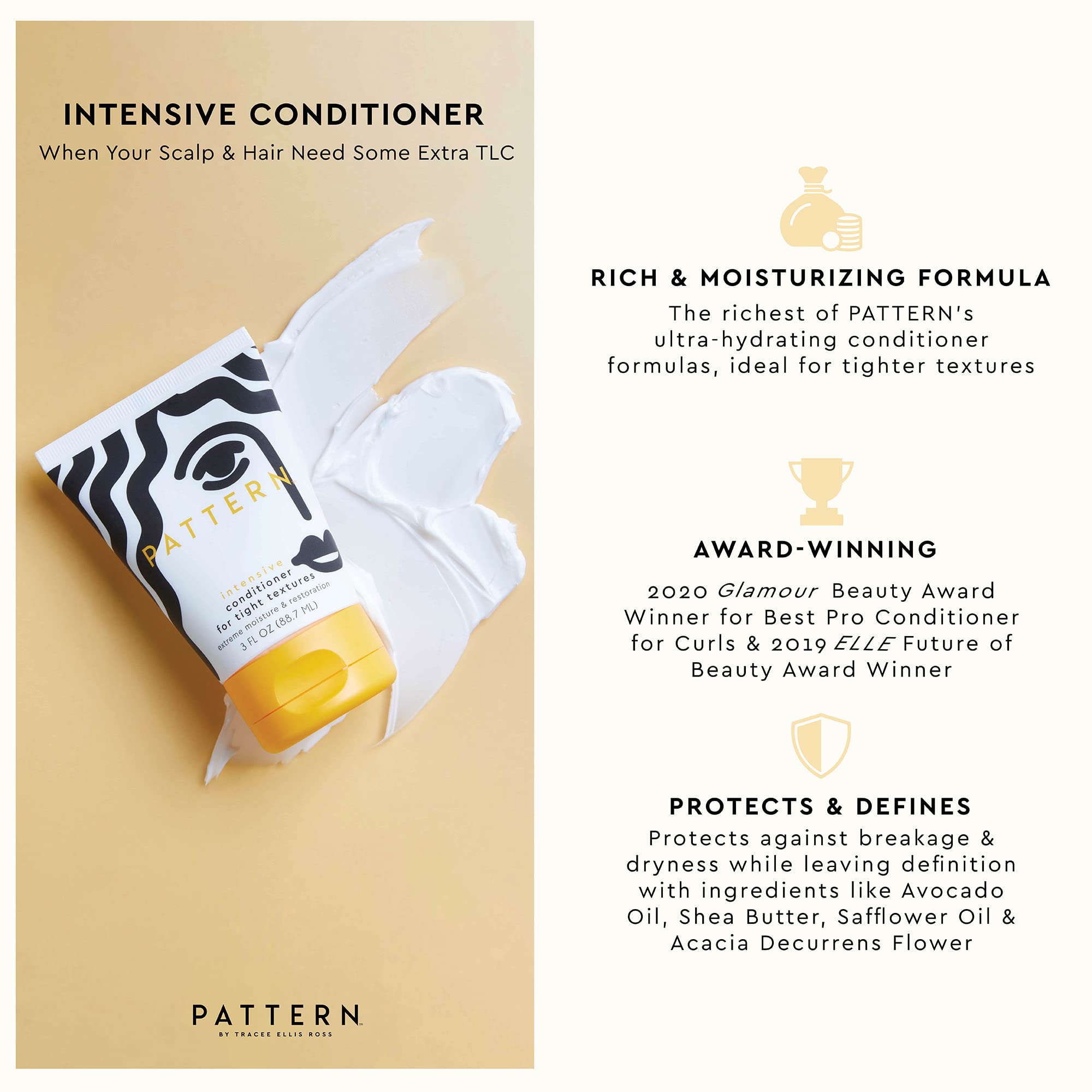 Pattern Beauty Intensive Conditioner bottle back shows ingredients and usage tips.