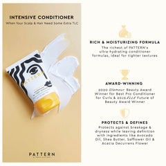 Pattern Beauty Intensive Conditioner bottle back shows ingredients and usage tips.