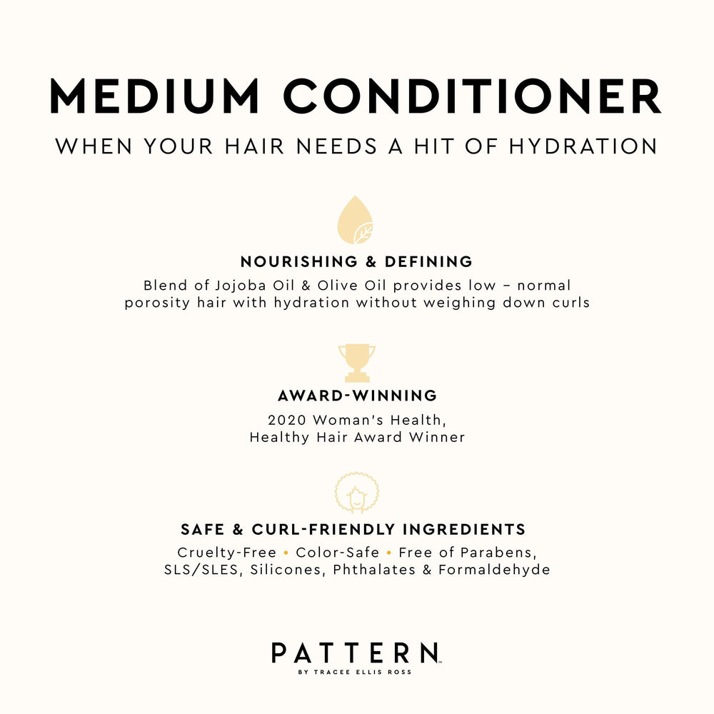 PATTERN Beauty Medium Conditioner label detail emphasizes clean, color-safe formula.