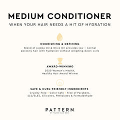 PATTERN Beauty Medium Conditioner label detail emphasizes clean, color-safe formula.