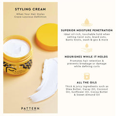 PATTERN Beauty styling cream texture closeup highlights creamy slip for easy application.