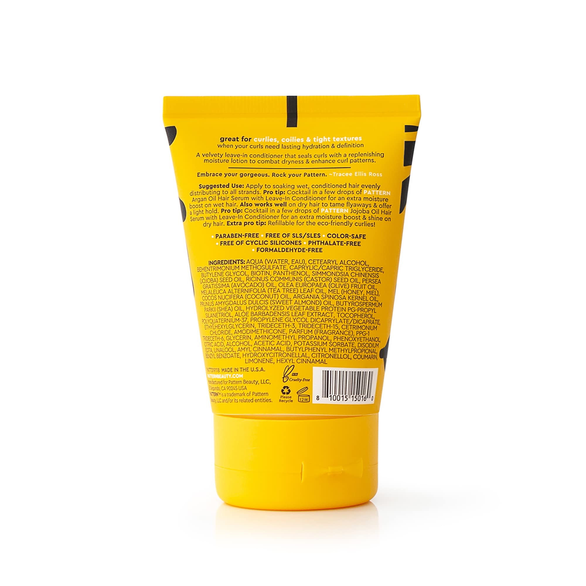 Angle of PATTERN Leave-In Conditioner bottle revealing great benefits.