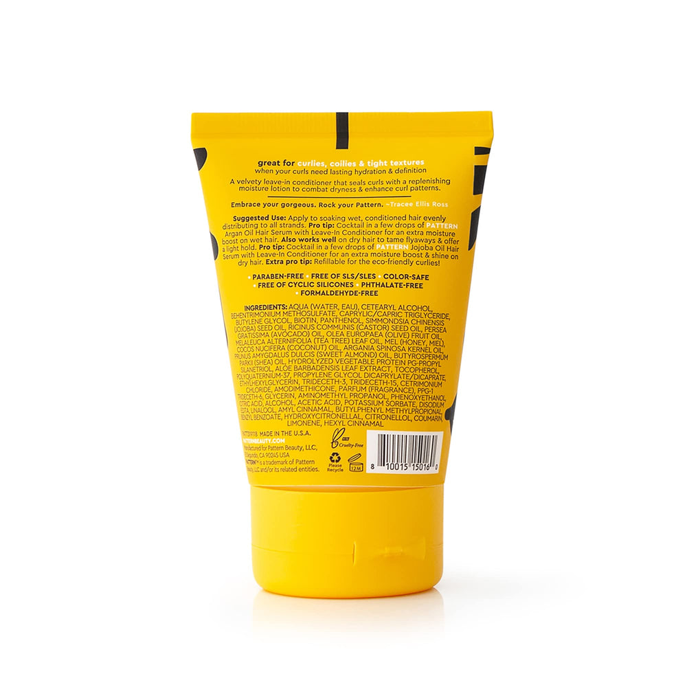 Angle of PATTERN Leave-In Conditioner bottle revealing great benefits.