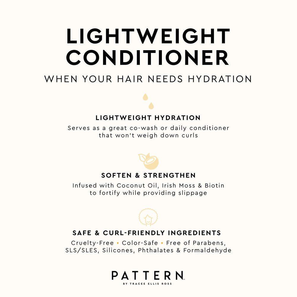 PATTERN beauty lightweight conditioner applied to textured hair for moisture without heaviness.