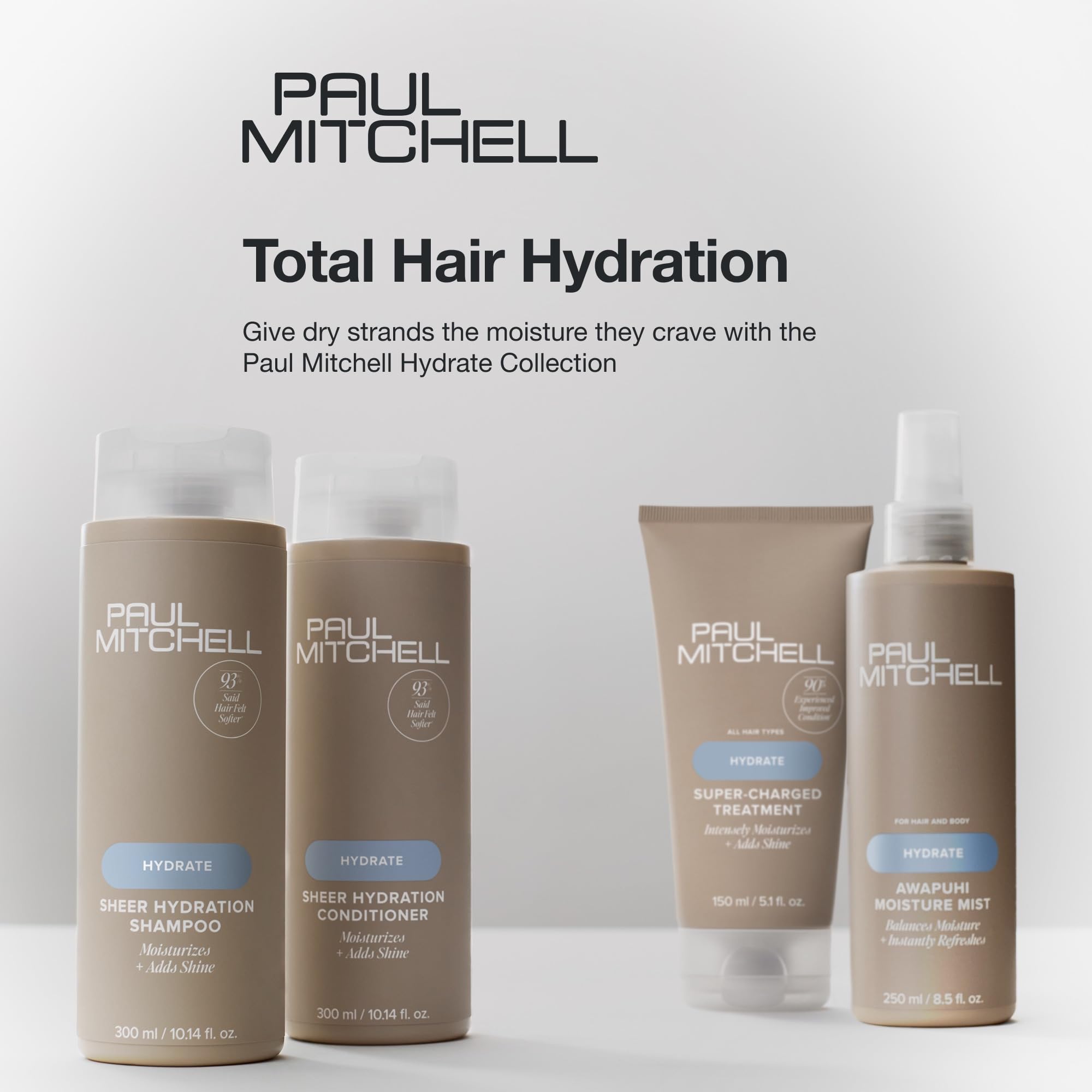 Paul Mitchell Sheer Hydration Shampoo after-use image shows soft, shiny hair