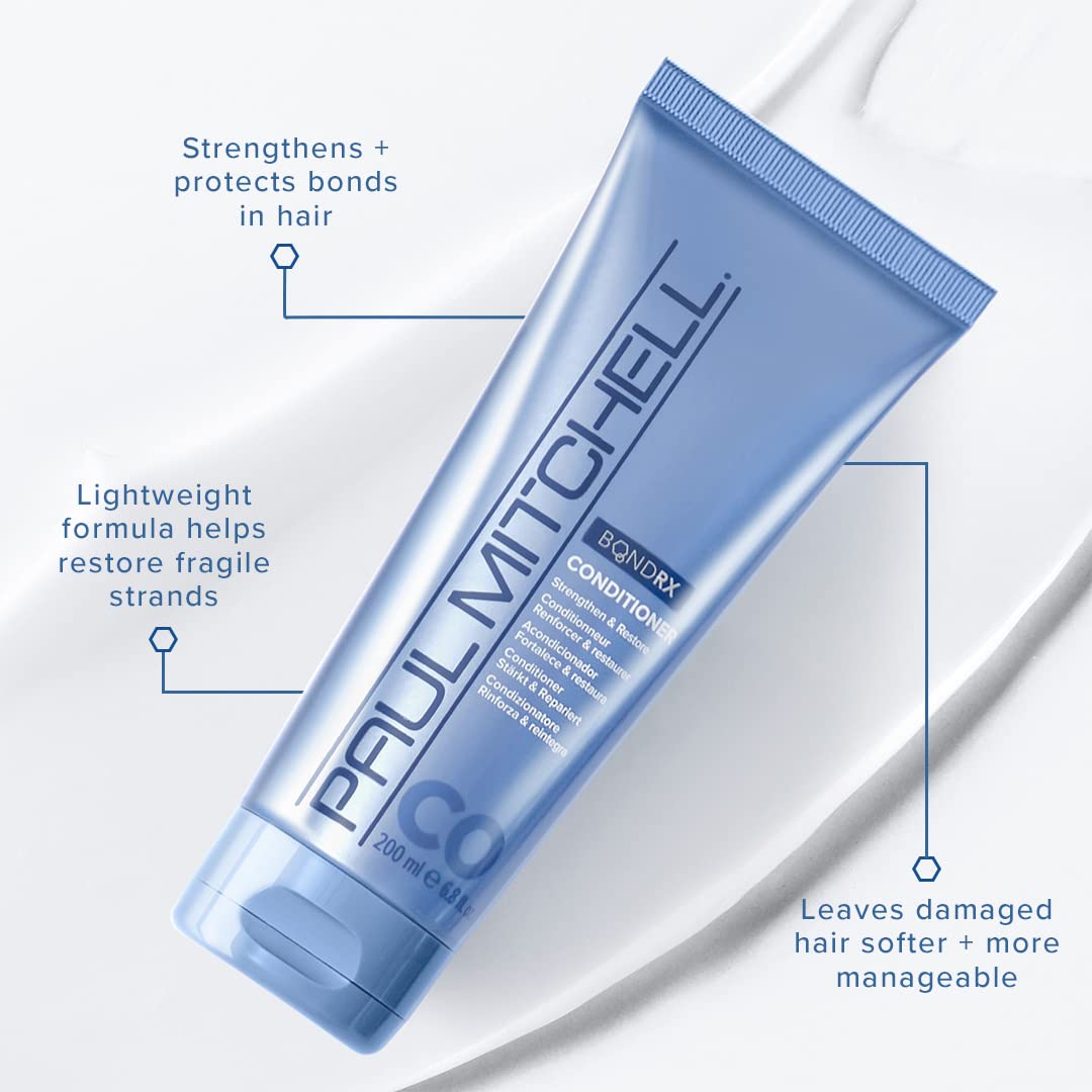 Paul Mitchell Bond Rx conditioner bottle back highlighting Bond Rx technology for stronger strands.