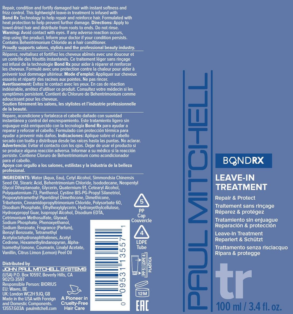 Packaging of Paul Mitchell Bond Rx Bond Rx Leave-In Treatment with clear branding