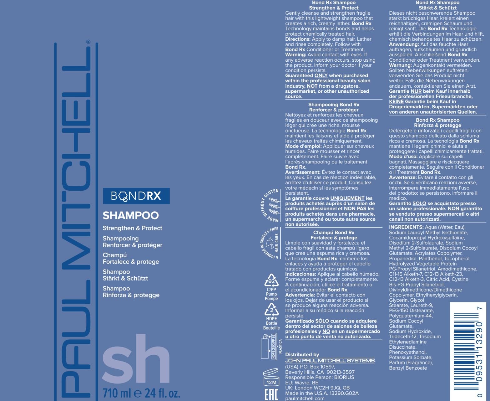 Paul Mitchell Bond Rx Shampoo before-after treatment shot highlights resilient, repaired-looking hair.