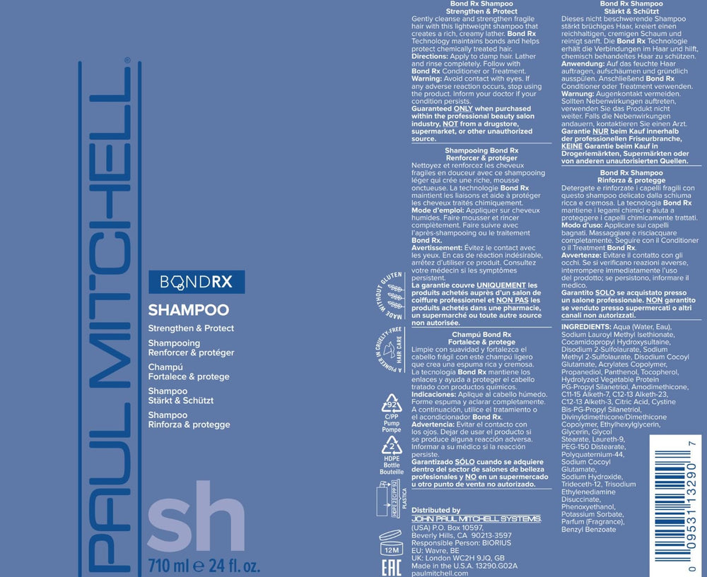 Paul Mitchell Bond Rx Shampoo before-after treatment shot highlights resilient, repaired-looking hair.
