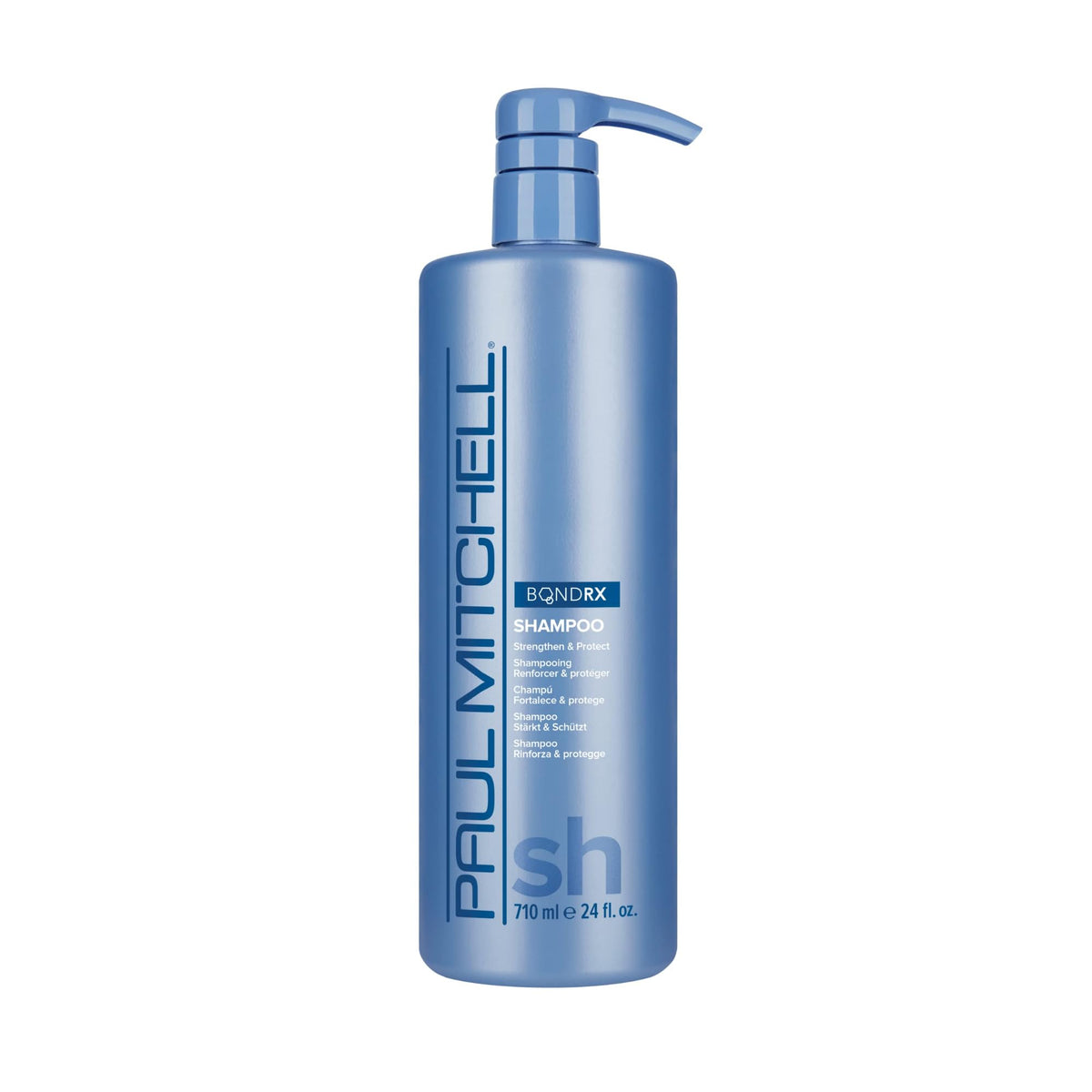 Paul Mitchell Bond Rx Shampoo bottle on shelf offers gentle cleansing for fragile hair.