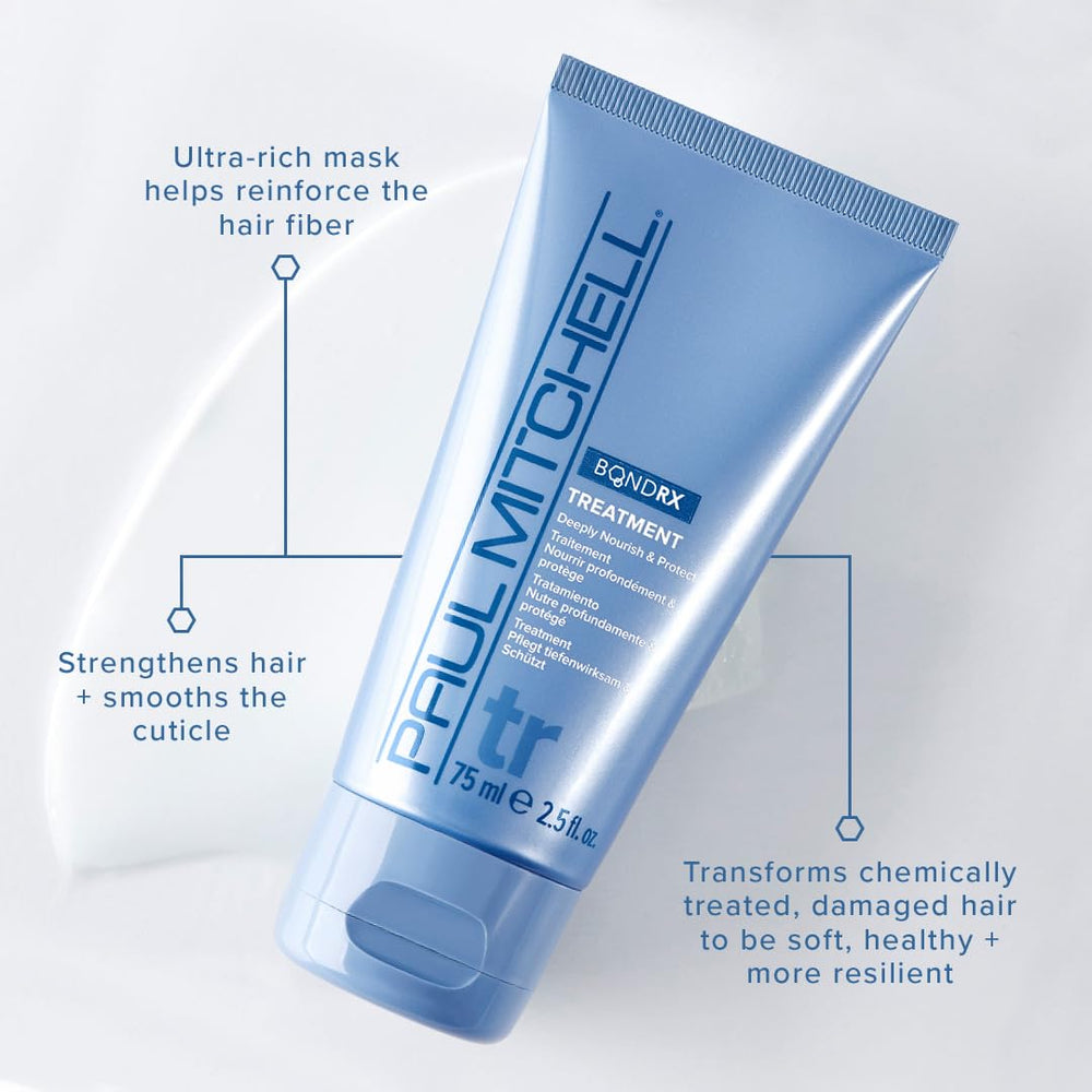 Paul Mitchell Bond RX Treatment jar close-up signaling deep conditioning for damaged strands.