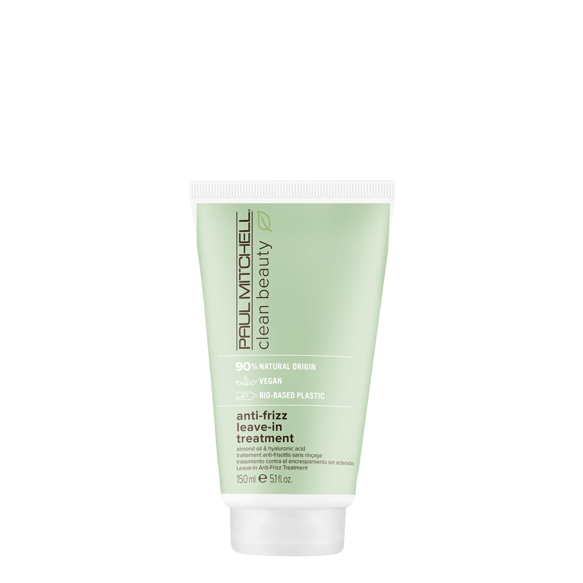 Paul Mitchell Clean Beauty Anti-Frizz Leave-In bottle shows frizz control in action.