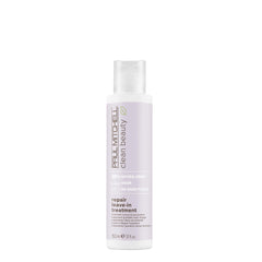 Paul Mitchell Clean Beauty Repair Leave-In Treatment bottle highlights reparative formula for damaged hair