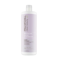 Paul Mitchell Clean Beauty Repair Shampoo bottle highlights strengthening formula for damaged hair