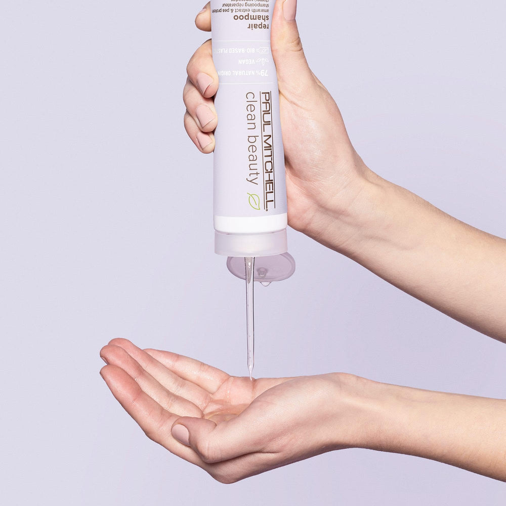 Paul Mitchell Repair Shampoo label highlights natural ingredients and clean beauty standards