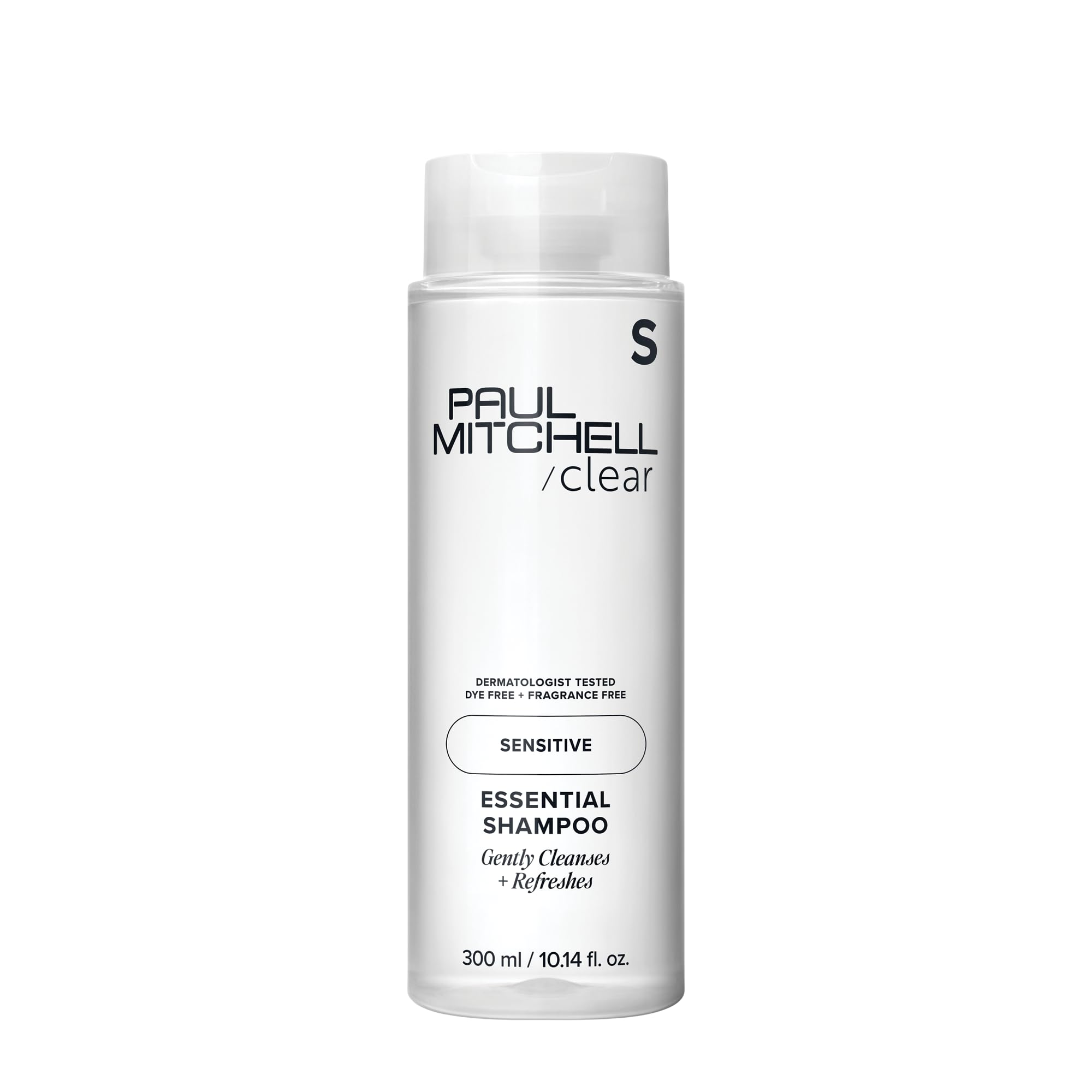 Paul Mitchell Clear Essential Shampoo bottle close-up—fragrance-free formula for sensitive scalps.