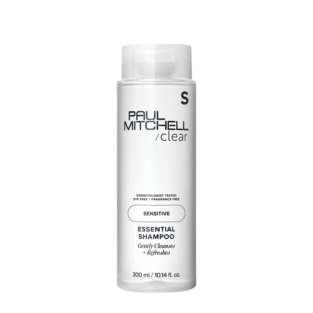 Paul Mitchell Clear Essential Shampoo bottle close-up—fragrance-free formula for sensitive scalps.