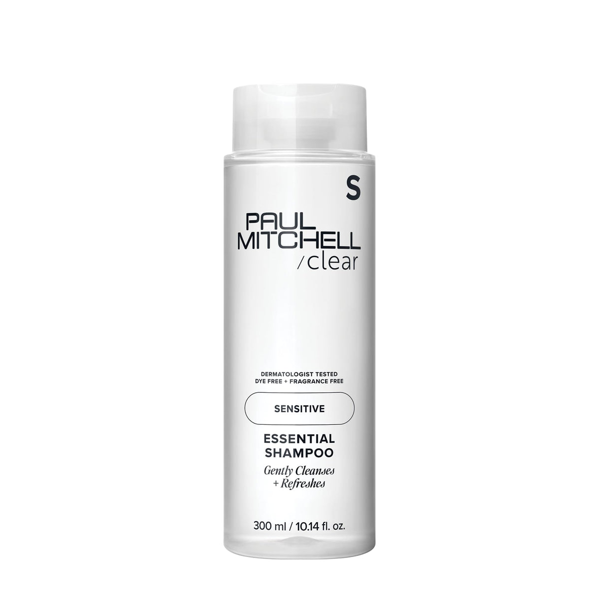 Paul Mitchell Clear Essential Shampoo bottle close-up—fragrance-free formula for sensitive scalps.