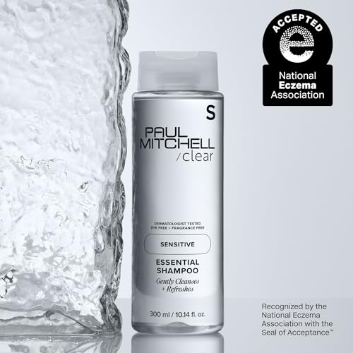 Paul Mitchell Clear Essential Shampoo label close-up—zero dyes for skin-friendly cleansing.