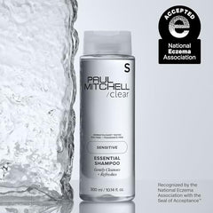 Paul Mitchell Clear Essential Shampoo label close-up—zero dyes for skin-friendly cleansing.