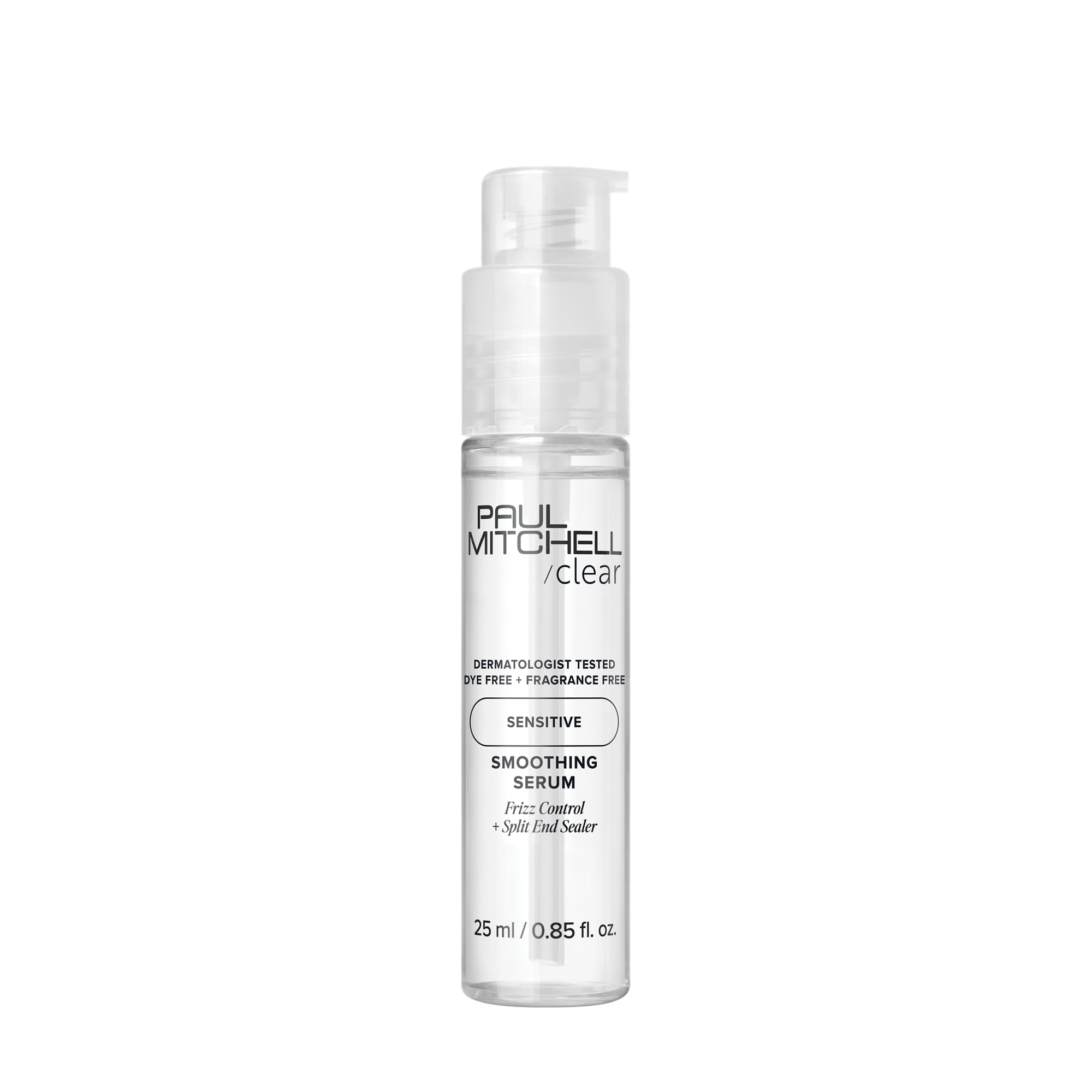 Paul Mitchell Clear Smoothing Serum bottle close-up highlighting lightweight frizz control.